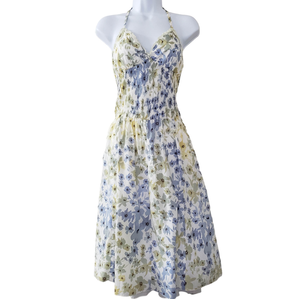 Sisley Cotton Smocked Watercolor Floral Halter Midi Dress, Blue/Mustard, Sz M
